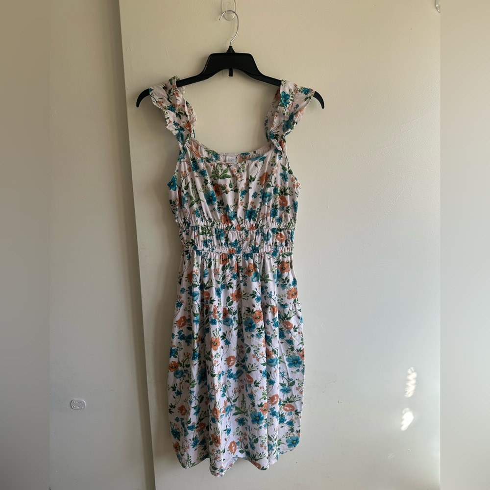 Floral Smocked Midi Dress in White with Teal & Peach Print